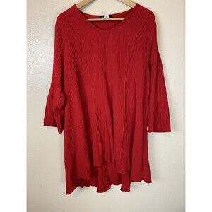 Yushi L Tunic Top Blouse Crinkle Red Art To Wear Artsy V-Neck Lagenlook Long